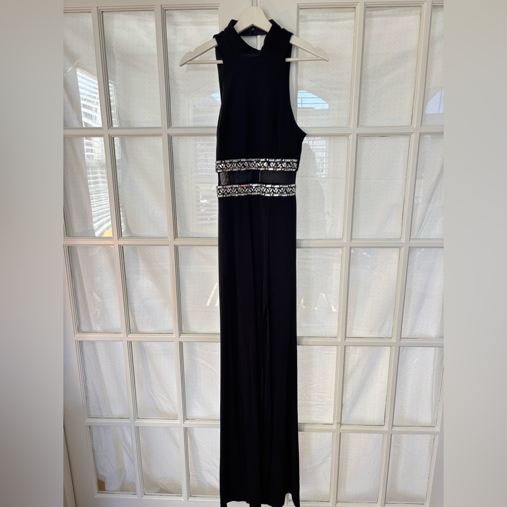 Elegant Black Sleeveless Gown with Silver Accents